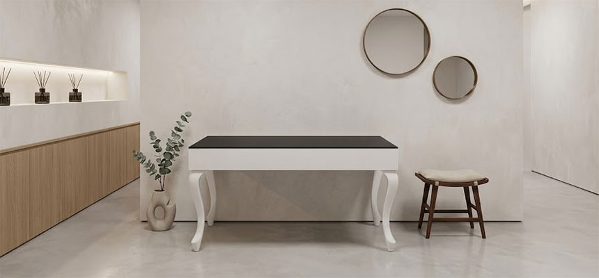 Complete salon reception furniture set with desk and seating area