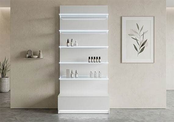 Retail display shelves showcasing beauty products in salon interior