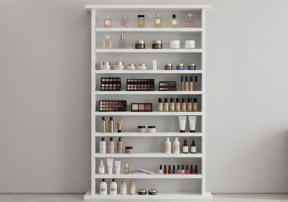 Salon shelving units for displaying beauty products and tools